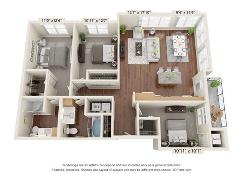 Floor plan for 3 beds, 2 baths, 1399 sqft